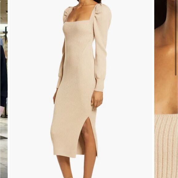 Charles Henry Puff Shoulder Long Sleeve Knit MIDI Dress in Tan Sz XL - Picture 3 of 12